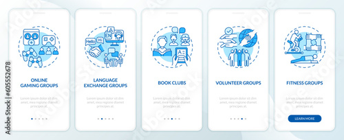 Micro communities blue onboarding mobile app screen. Social connection walkthrough 5 steps editable graphic instructions with linear concepts. UI, UX, GUI template. Myriad Pro-Bold, Regular fonts used