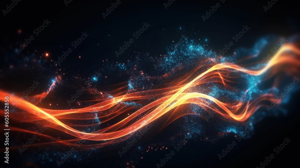 Abstract futuristic background with orange and blue glowing neon moving ...