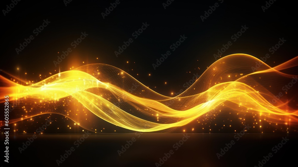 Abstract futuristic background with gold glowing neon moving high speed wave lines and bokeh lights. Visualization of sound waves. Data transfer concept. Fantastic wallpaper. Generative AI Abstract futuristic background with gold glowing neon moving high speed wave lines and bokeh lights. Visualization of sound waves. Data transfer concept. Fantastic wallpaper. Generative AI