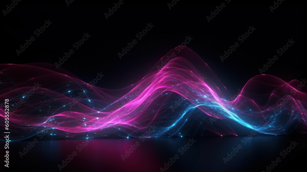 Abstract futuristic background with pink and blue glowing neon moving high speed wave lines and bokeh lights. Visualization of sound waves. Data transfer concept. Fantastic wallpaper. Generative AI