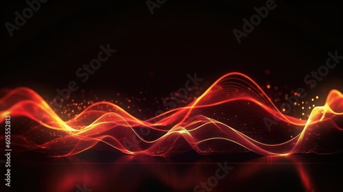 Abstract futuristic background with red and yellow glowing neon moving high speed wave lines and bokeh lights. Visualization of sound waves. Data transfer concept. Fantastic wallpaper. Generative AI