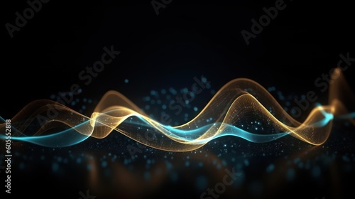 Abstract futuristic background with gold and blue glowing neon moving high speed wave lines and bokeh lights. Visualization of sound waves. Data transfer concept. Fantastic wallpaper. Generative AI