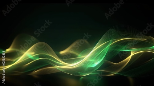 Abstract futuristic background with green and yellow glowing neon moving high speed wave lines and bokeh lights. Visualization of sound waves. Data transfer concept. Fantastic wallpaper. Generative AI