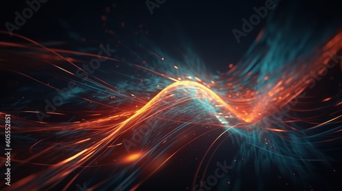 Abstract futuristic background with orange and blue glowing neon moving high speed wave lines and bokeh lights. Visualization of sound waves. Data transfer concept. Fantastic wallpaper. Generative AI © Matyfiz