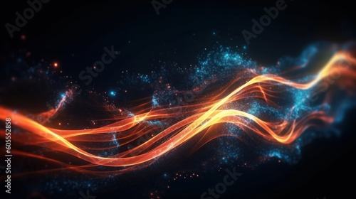 Abstract futuristic background with orange and blue glowing neon moving high speed wave lines and bokeh lights. Visualization of sound waves. Data transfer concept. Fantastic wallpaper. Generative AI © Matyfiz