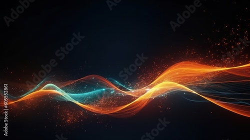 Abstract futuristic background with orange and blue glowing neon moving high speed wave lines and bokeh lights. Visualization of sound waves. Data transfer concept. Fantastic wallpaper. Generative AI