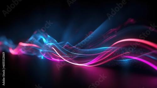 Abstract futuristic background with pink and blue glowing neon moving high speed wave lines and bokeh lights. Visualization of sound waves. Data transfer concept. Fantastic wallpaper. Generative AI