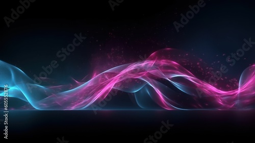 Abstract futuristic background with pink and blue glowing neon moving high speed wave lines and bokeh lights. Visualization of sound waves. Data transfer concept. Fantastic wallpaper. Generative AI