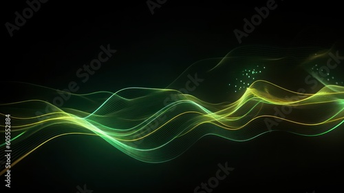Abstract futuristic background with red and green glowing neon moving high speed wave lines and bokeh lights. Visualization of sound waves. Data transfer concept. Fantastic wallpaper. Generative AI