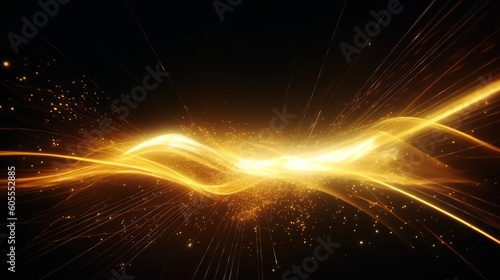 Abstract futuristic background with gold glowing neon moving high speed wave lines and bokeh lights. Visualization of sound waves. Data transfer concept. Fantastic wallpaper. Generative AI