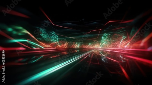 Abstract futuristic background with red and green glowing neon moving high speed wave lines and bokeh lights. Visualization of sound waves. Data transfer concept. Fantastic wallpaper. Generative AI