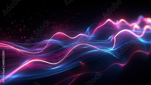 Abstract futuristic background with pink and blue glowing neon moving high speed wave lines and bokeh lights. Visualization of sound waves. Data transfer concept. Fantastic wallpaper. Generative AI