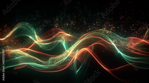 Abstract futuristic background with red and green glowing neon moving high speed wave lines and bokeh lights. Visualization of sound waves. Data transfer concept. Fantastic wallpaper. Generative AI