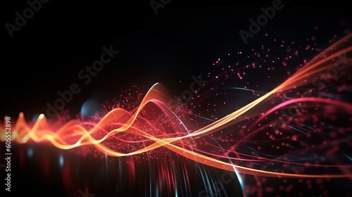 Abstract futuristic background with red glowing neon moving high speed wave lines and bokeh lights. Visualization of sound waves. Data transfer concept. Fantastic wallpaper. Generative AI © Matyfiz