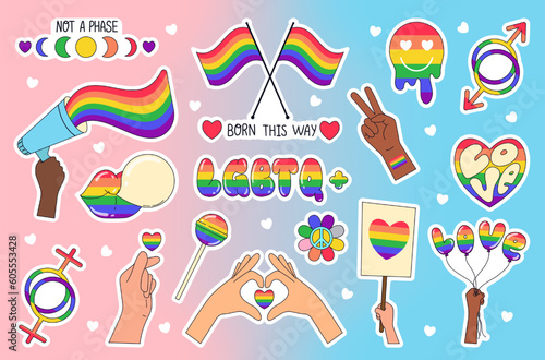 Sticker pack of LGBTQ symbols on gradient blue pink background. Set icons of the LGBT pride community. Rainbow elements in flat vector style. Pride month