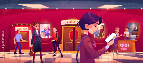 Cinema lobby with ticket box, snack bar and people waiting for show. Vector cartoon illustration of male and female visitors buying tickets and popcorn before movie premiere, looking at smartphones