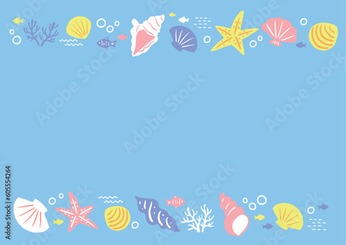 夏の海辺の貝殻のイラスト フレーム