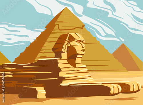 Vintage Banner Ancient Sphinx, Egypt Pharaoh Pyramids. Travel to Egypt Country, Sahara desert. Retro card illustration vector
