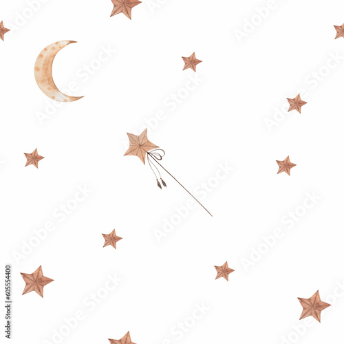 seamless pattern watercolor drawing month, stars, moon. for delicate children's fabrics and printing. enjoy.