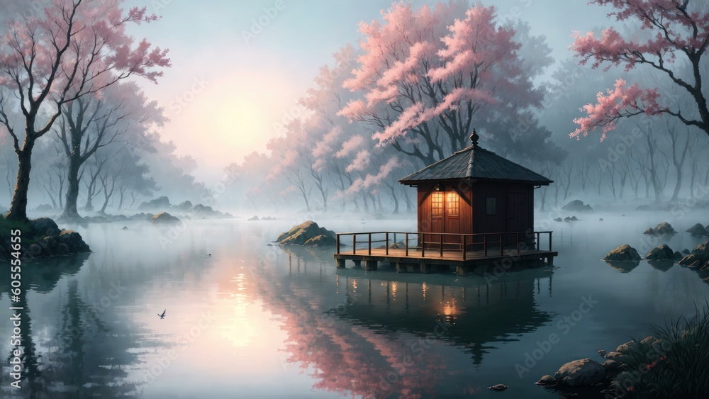 Fototapeta premium a house on a dock in a lake with pink trees and pink sky. Ai llustration. digital painting. Artificial Intelligence Artwork