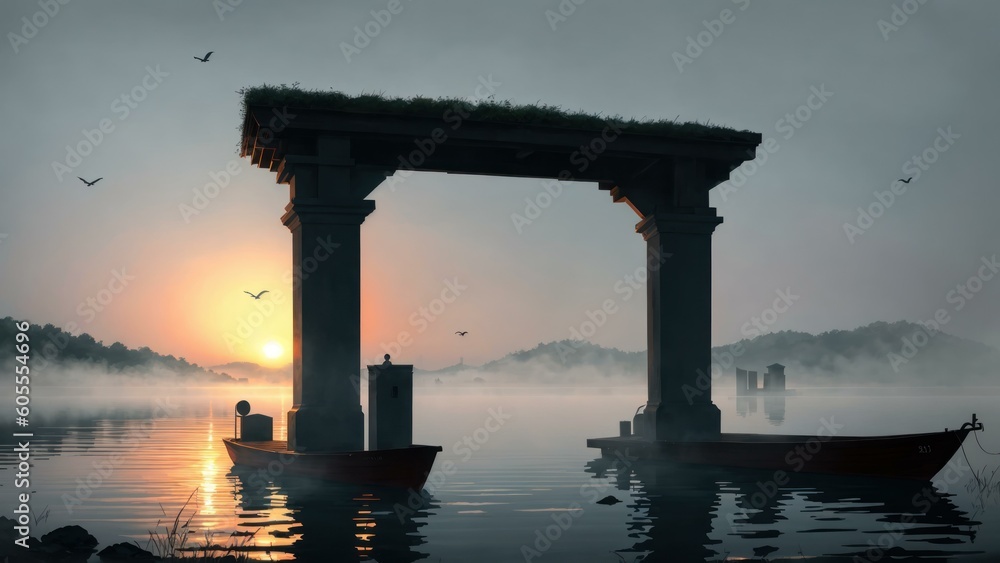 a large arch over water. Ai llustration. digital painting. Artificial Intelligence Artwork