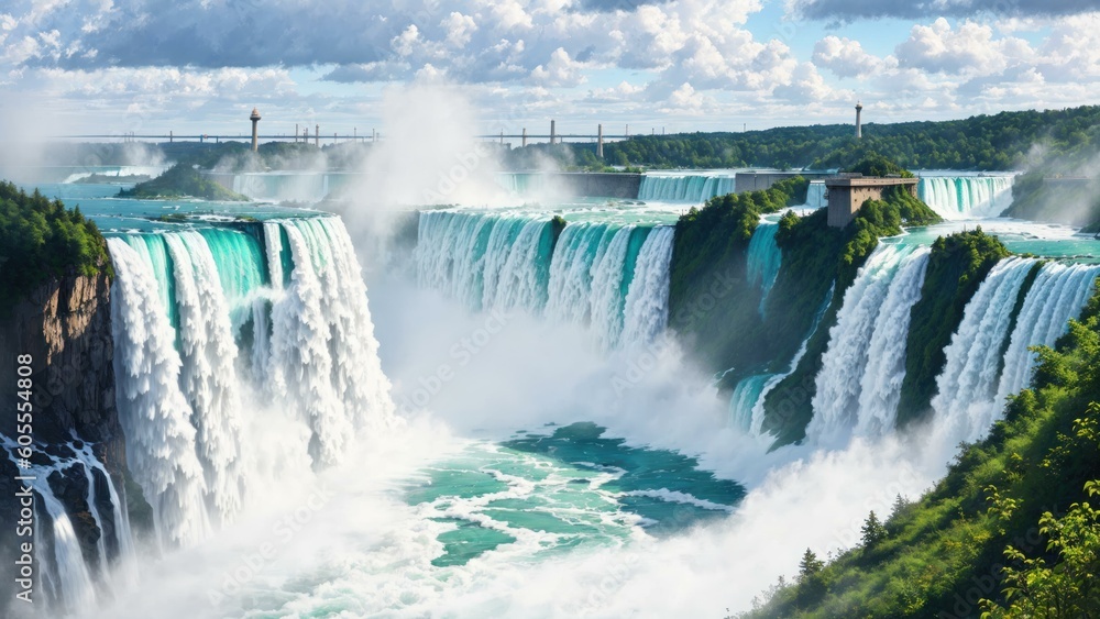 a large waterfall with a rainbow. Ai llustration. digital painting. Artificial Intelligence Artwork a large waterfall with a rainbow. Ai llustration. digital painting. Artificial Intelligence Artwork