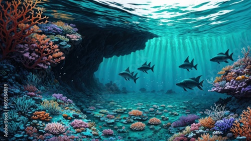 fish swimming in the ocean. Ai llustration. digital painting. Artificial Intelligence Artwork