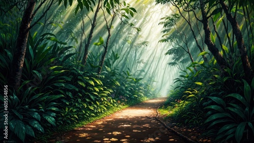 a path through a forest. Ai llustration. digital painting. Artificial Intelligence Artwork