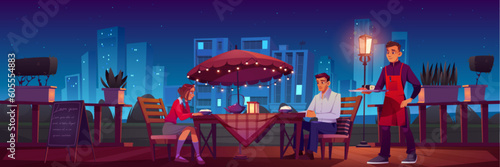 Couple dining in restaurant on romantic date. Vector cartoon illustration of young man and woman sitting at table on patio, waiter carrying sushi, city buildings on background, many stars on night sky