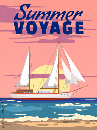 Sailboat Summer Voyage poster retro, sailing ship on the ocean, sea. Tropical cruise, summertime travel vacation. Vector illustration vintage