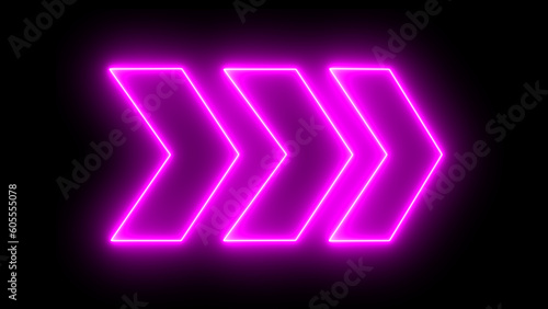 bright purple neon light arrows pointing to the right. 3D rendering of glowing neon arrows on a black background. Flashing direction indicators. See my portfolio for more color or design images.