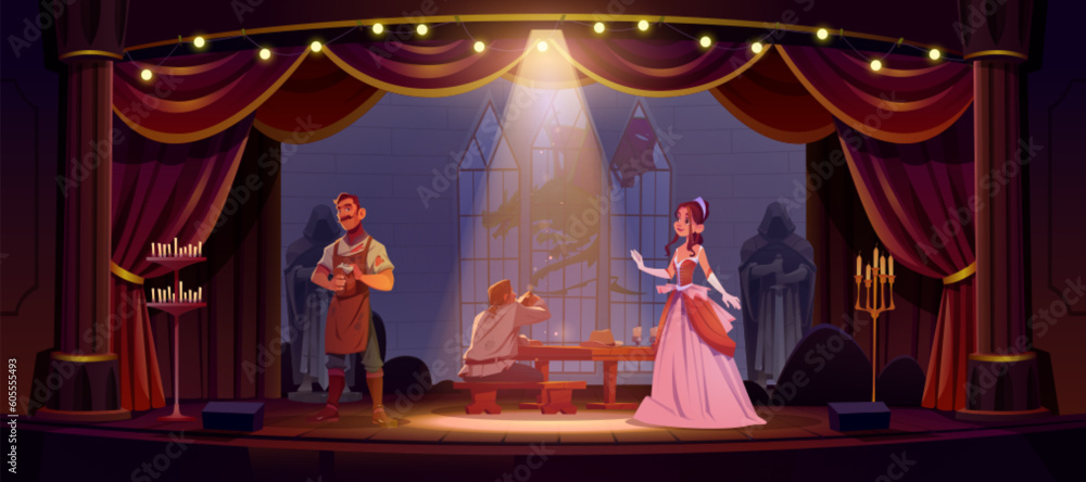Play on theater stage with curtain cartoon vector background. Theatre or opera drama performance with spotlight on open scene. Actor and actress people and retro theatrical perform on broadway event