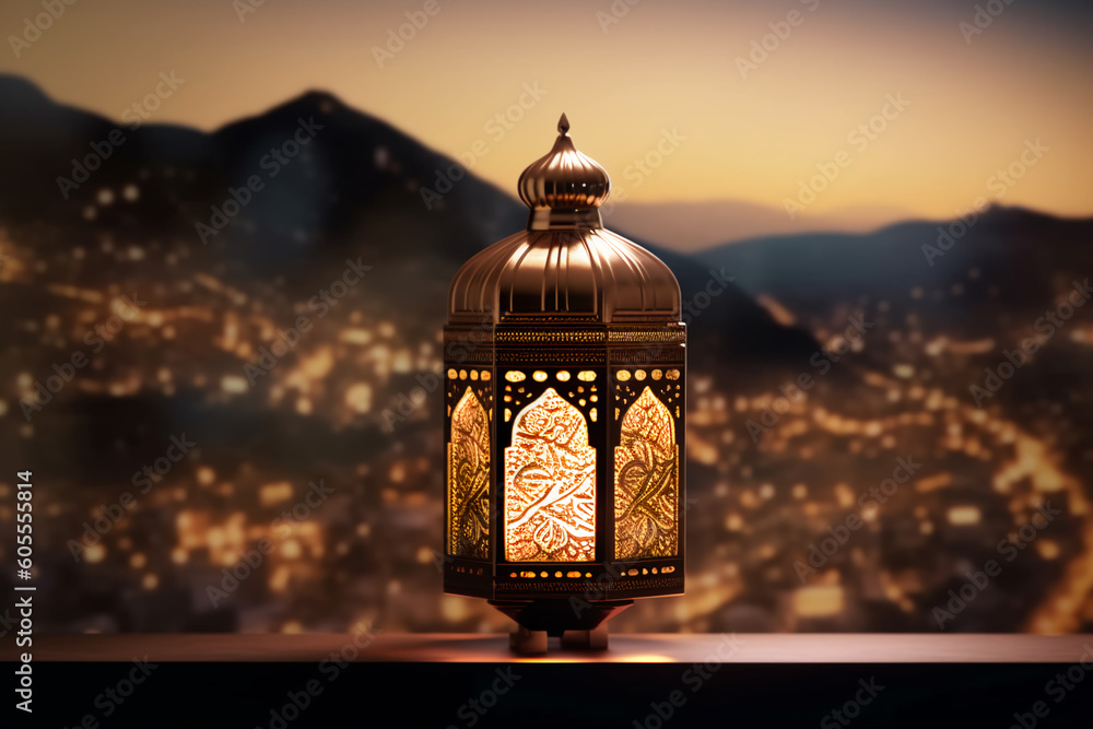 Ramadan lantern with Islamic inscriptions on the hills of the mountains with lights in the background and decorative lights in the front, creative ai Ramadan lantern with Islamic inscriptions on the hills of the mountains with lights in the background and decorative lights in the front, creative ai