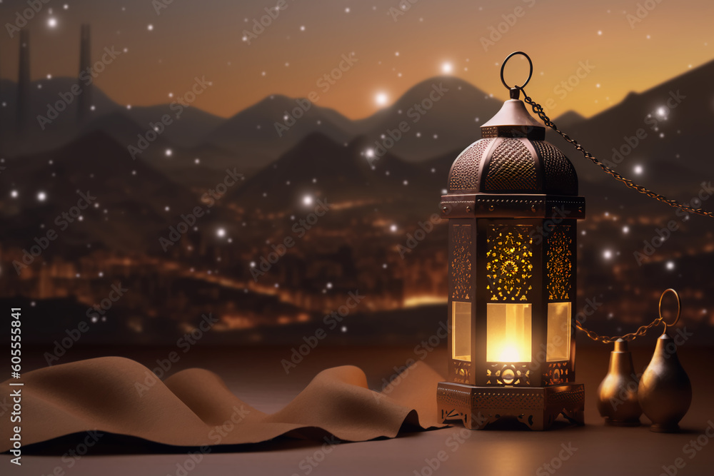 Ramadan lantern with Islamic inscriptions on the hills of the mountains with lights in the background and decorative lights in the front, creative ai Ramadan lantern with Islamic inscriptions on the hills of the mountains with lights in the background and decorative lights in the front, creative ai