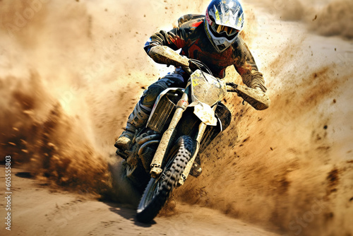 Biker on the motocross motorcycle riding on high speed at the dirt track. Generative art 