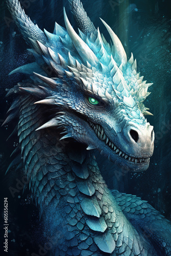 Majestic blue dragon, stunning portrait. Generative art © Cheport