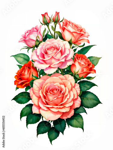 Colorful roses on white background, watercolor style. Bud and flowers of roses on white background, watercolor hand drawing, botanical painting