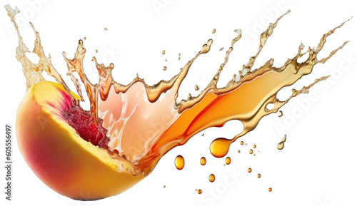 Explosion of peach juice flavor  over transparent background, alpha channel, created with Generative AI technology