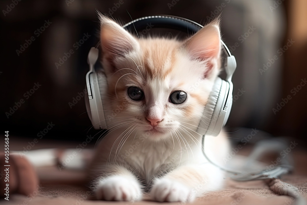 The kitten listens to music with headphones and enjoys it. Generative AI illustration.