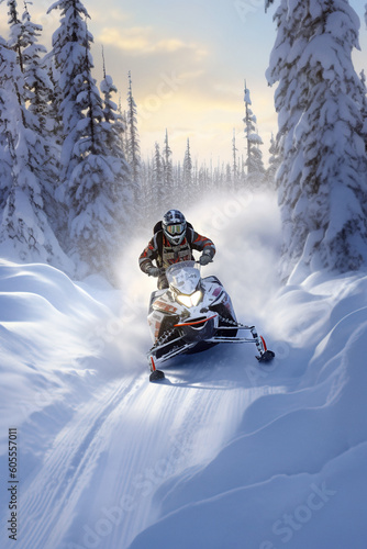 Snowmobile riding at beautiful winter snowcapped road, with a huge splashes of snow. Generative art