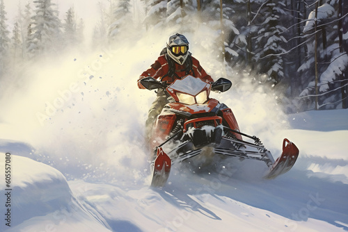 Rescuer riding snowmobile at snowcapped landscape on a high speed, with a huge splashes of snow. Generative art