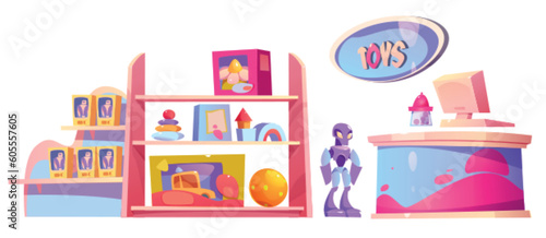Toy store shelf and furniture cartoon vector set. Shop furniture with robot, truck ball and pyramid gift icon isolated on white background. Interior clipart collection with signboard for shopping