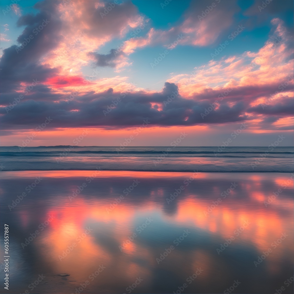 Beach with beautiful clouds in pink and red with reef