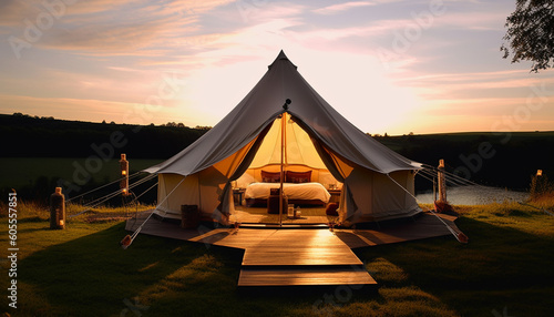 Glamping camping teepee tent at night. Summer white camping. Nature green tourism