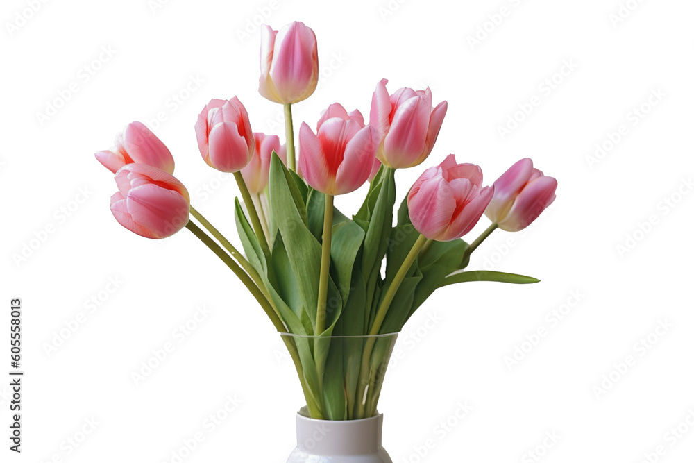 Pink tulip flowers in vase isolated on white background. generative AI Pink tulip flowers in vase isolated on white background. generative AI