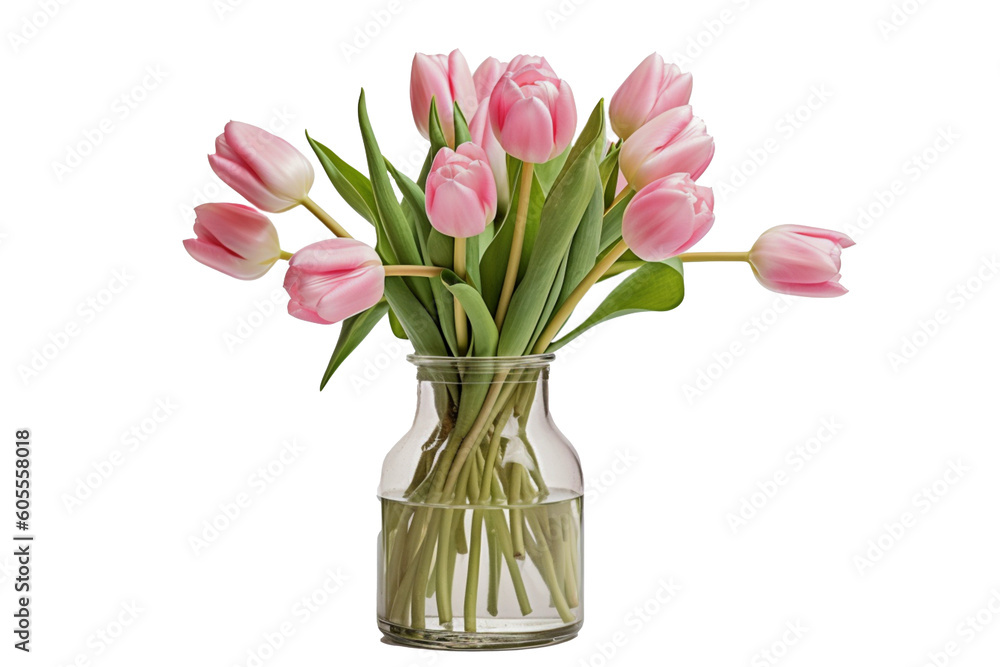 Pink tulip flowers in vase isolated on white background. generative AI Pink tulip flowers in vase isolated on white background. generative AI