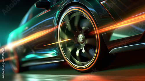 Sense of speed. Abstract car riding on high speed, focus on the wheel, light races blurred in motion. Generative art 