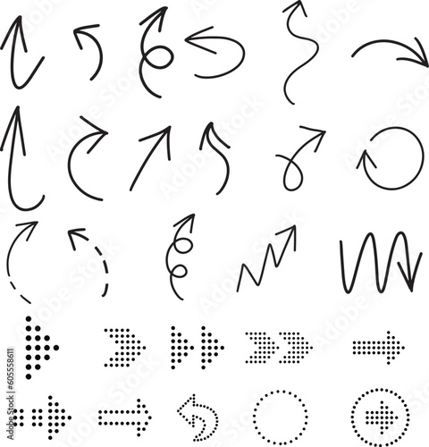 Arrows set  black icons. dot icon.  collection. Arrow. Cursor. Modern simple arrows hand drawn  doodle line  outline  Vector illustration.