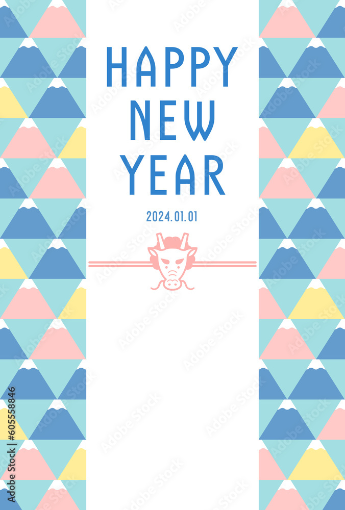 年賀状テンプレート/和モダンな富士山柄フレーム 辰年版/HAPPY NEW YEAR(パステルカラー) 年賀状テンプレート/和モダンな富士山柄フレーム 辰年版/HAPPY NEW YEAR(パステルカラー)