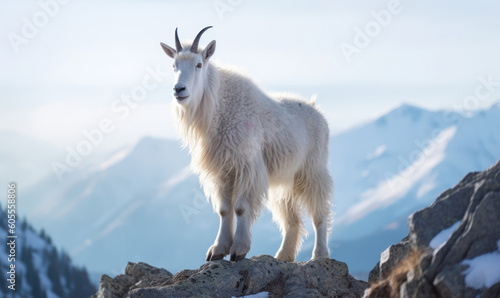 winter photo of mountain goat in its natural habitat. Generative AI